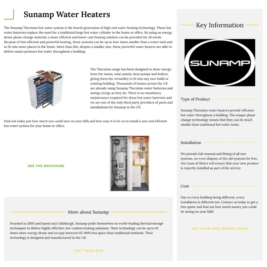 A dedicated website page designed around a water heater. The colours of green and gold are maintained throughout the page.