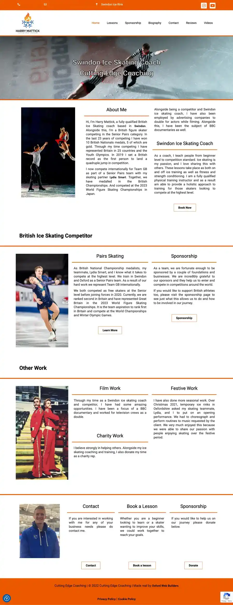 The homepage of the Cutting Edge Coaching website design. This shows an ice skater with orange and white as the feature colours.