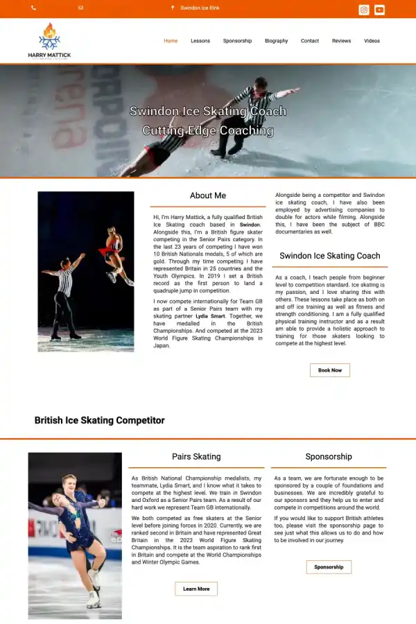 A short cutout of the Cutting Edge Coaching website design. It shows a figure skater throughout as this is for ice skating lessons.