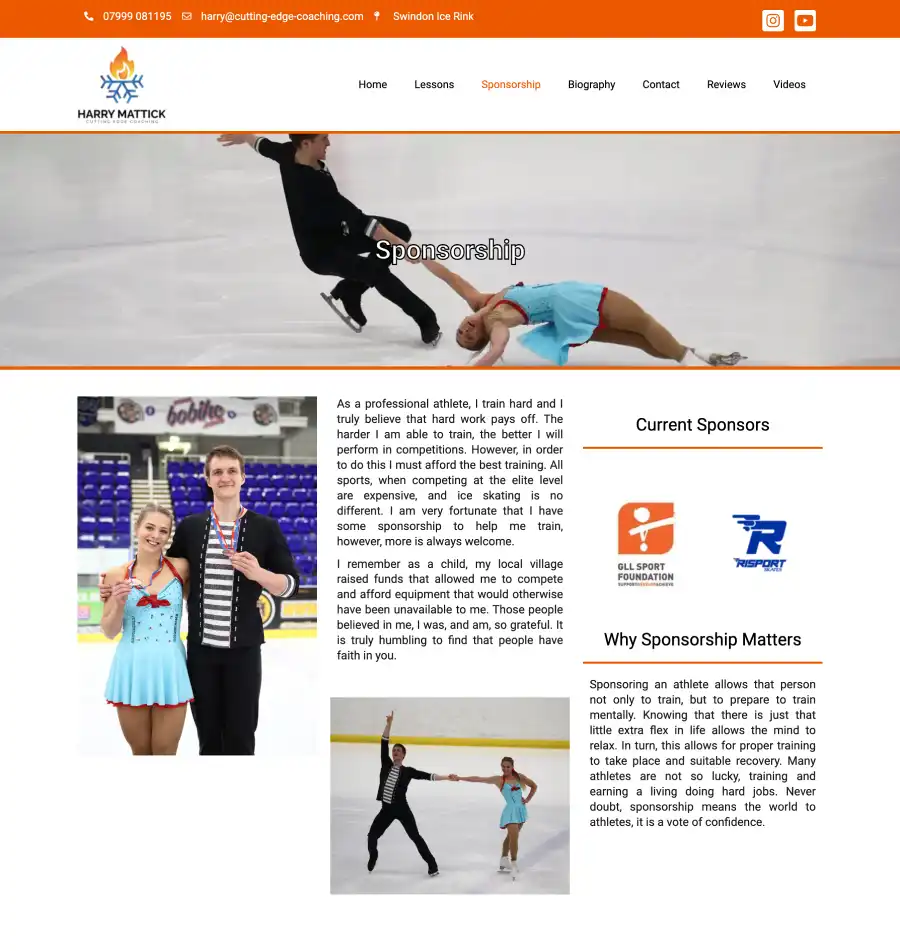 The sponsorship page from the Cutting Edge Coaching website, this has orange and white as its theme colours.