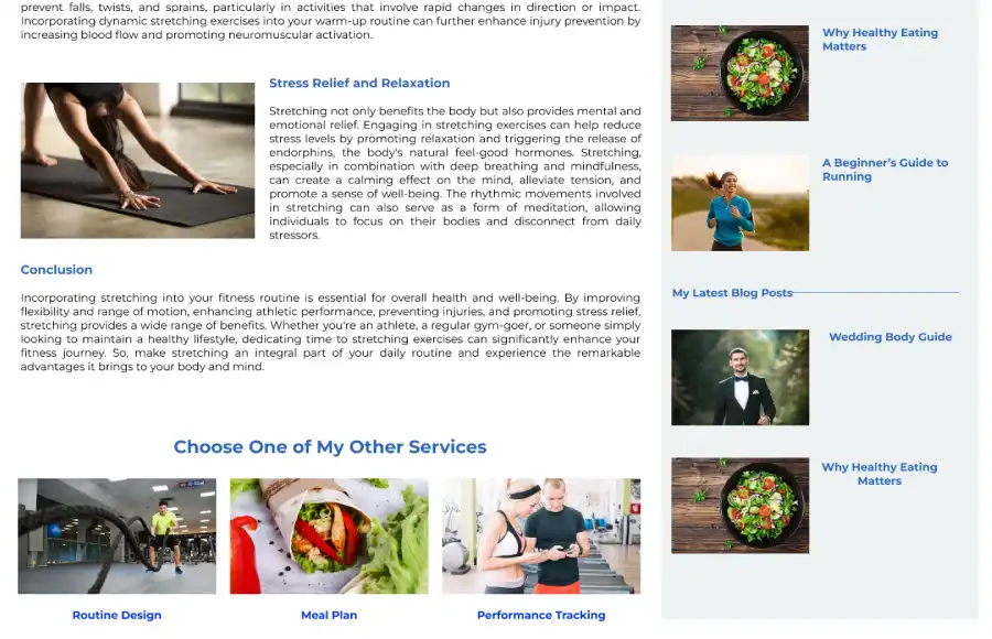 The web design of a blog page for the PT business. This has text and stunning images to help communicate with users.