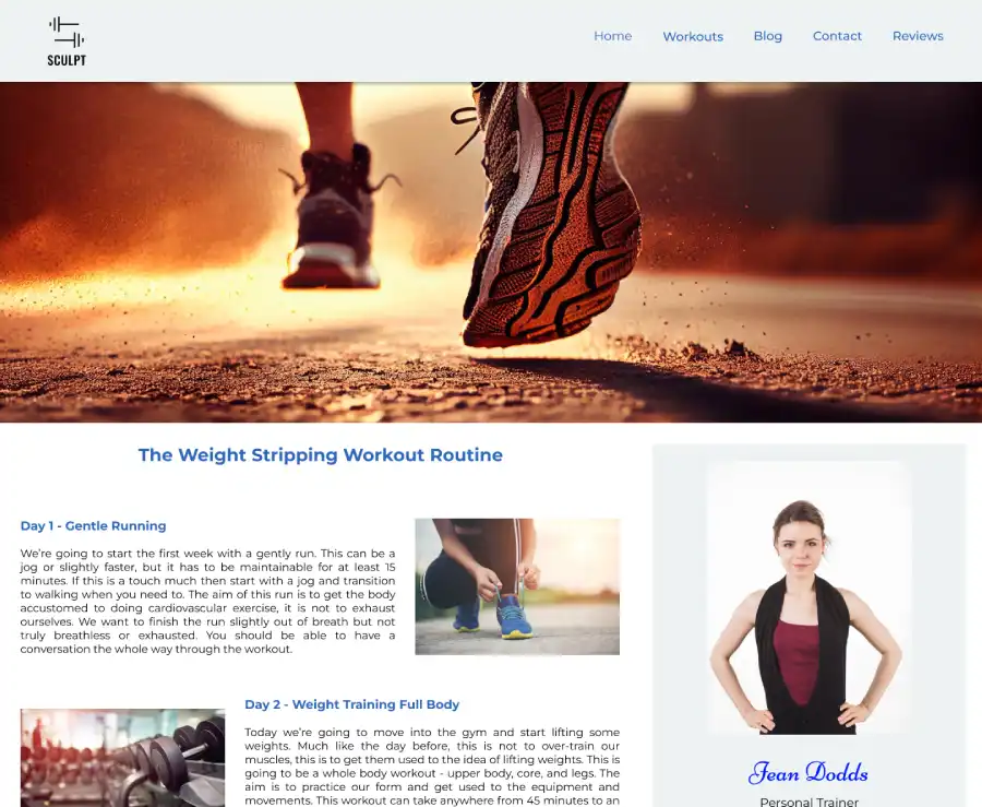 A web design for a workout routine for a personal training website.