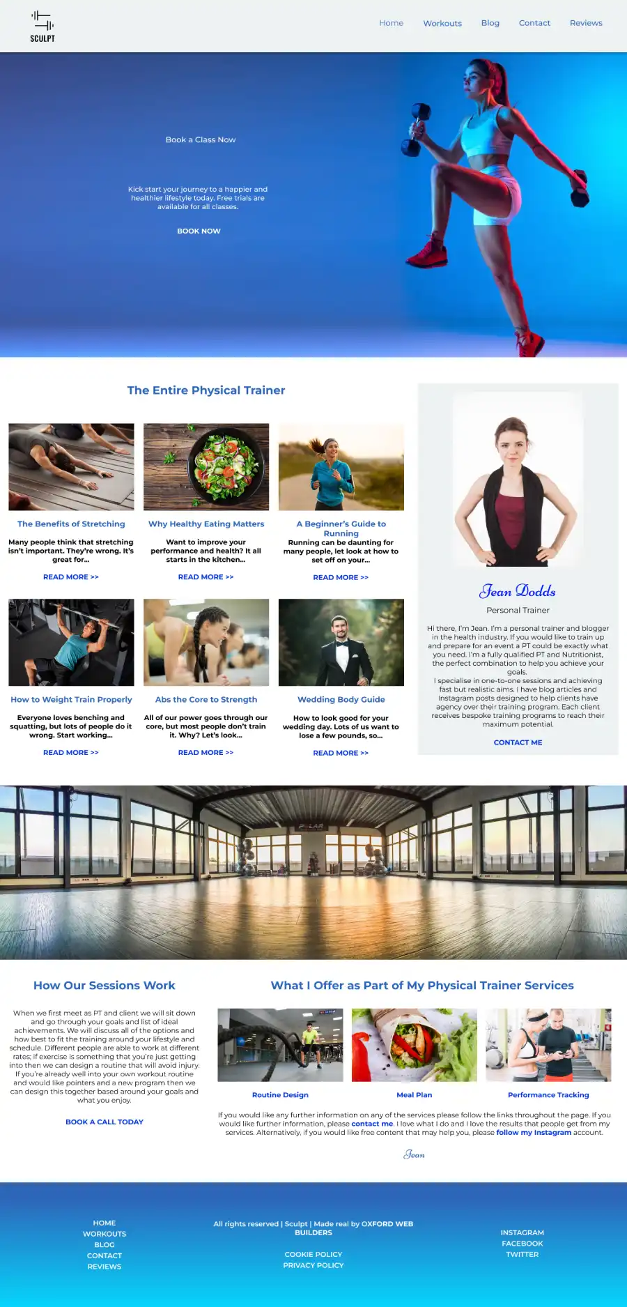 The homepage for the web design for Dodds Personal Training website. This uses the colour theme of blue and has many modern images.