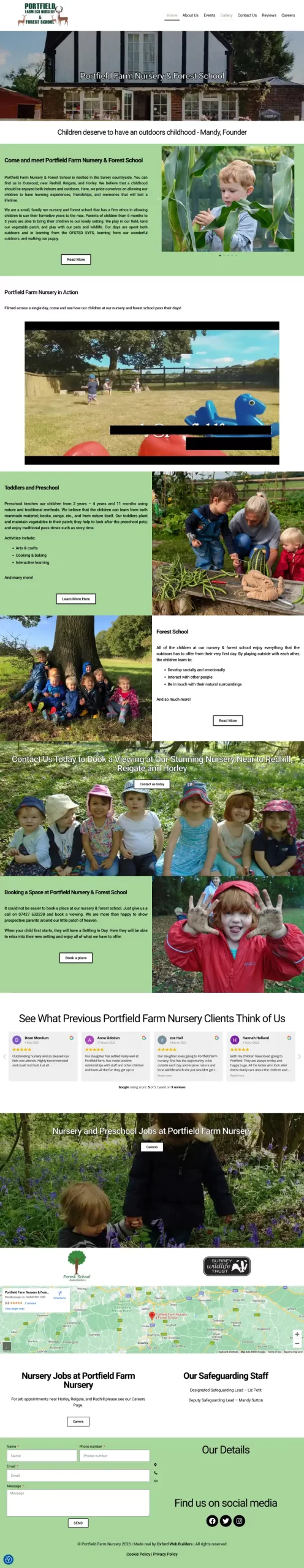 The homepage for the web design for Portfield Farm Nursery. It has green and white sections throughout.