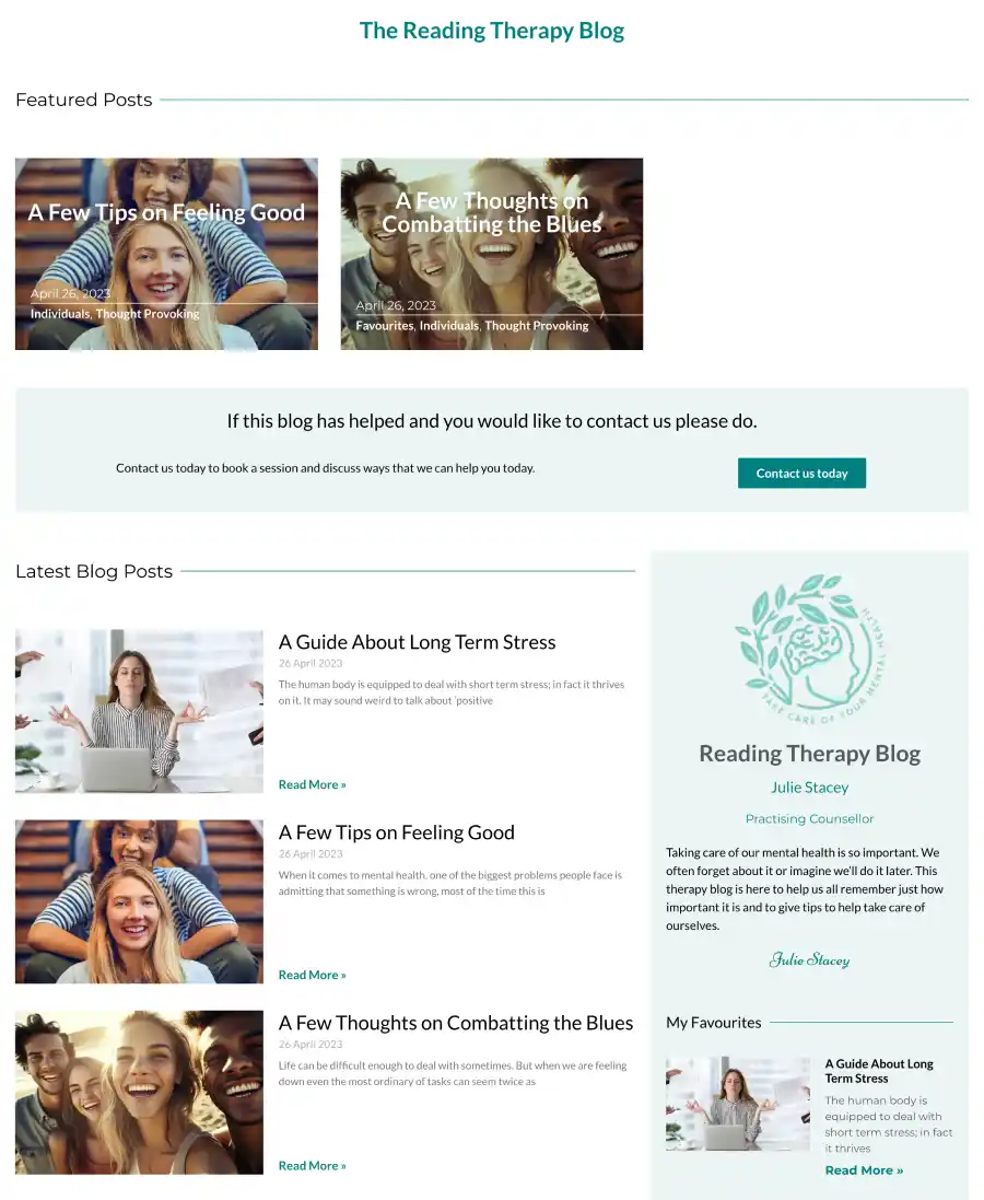 The blog page design for Reading Therapy. This element of the web design drives viewers to the blog.