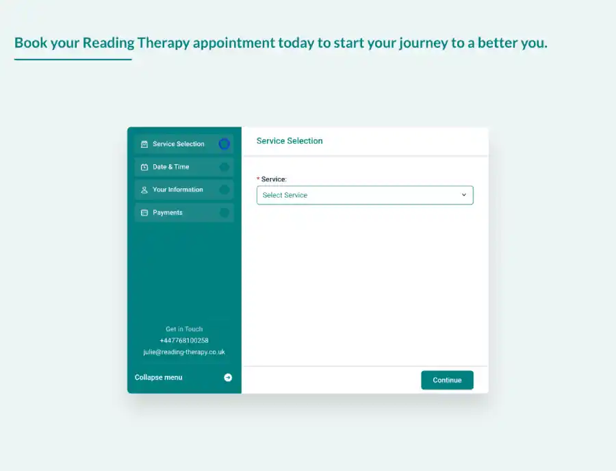 A booking portal on the Reading Therapy website. The green and teal of the site are continued throughout the booking portal.
