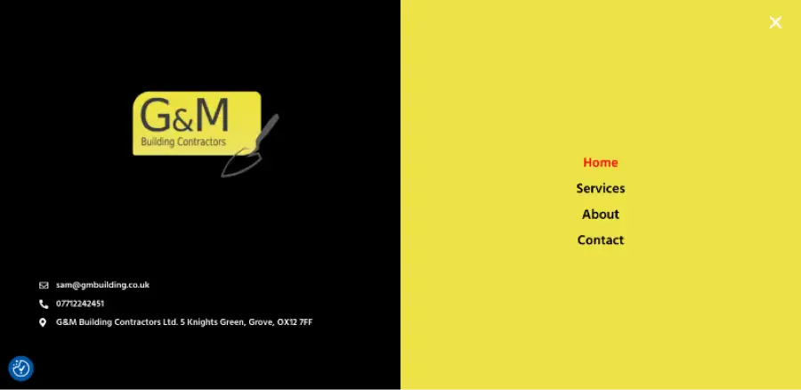 The full page menu for the web design for G&M Building Contractors. The left half of the page is black with their yellow logo, the right half of the page is yellow is the black menu options.