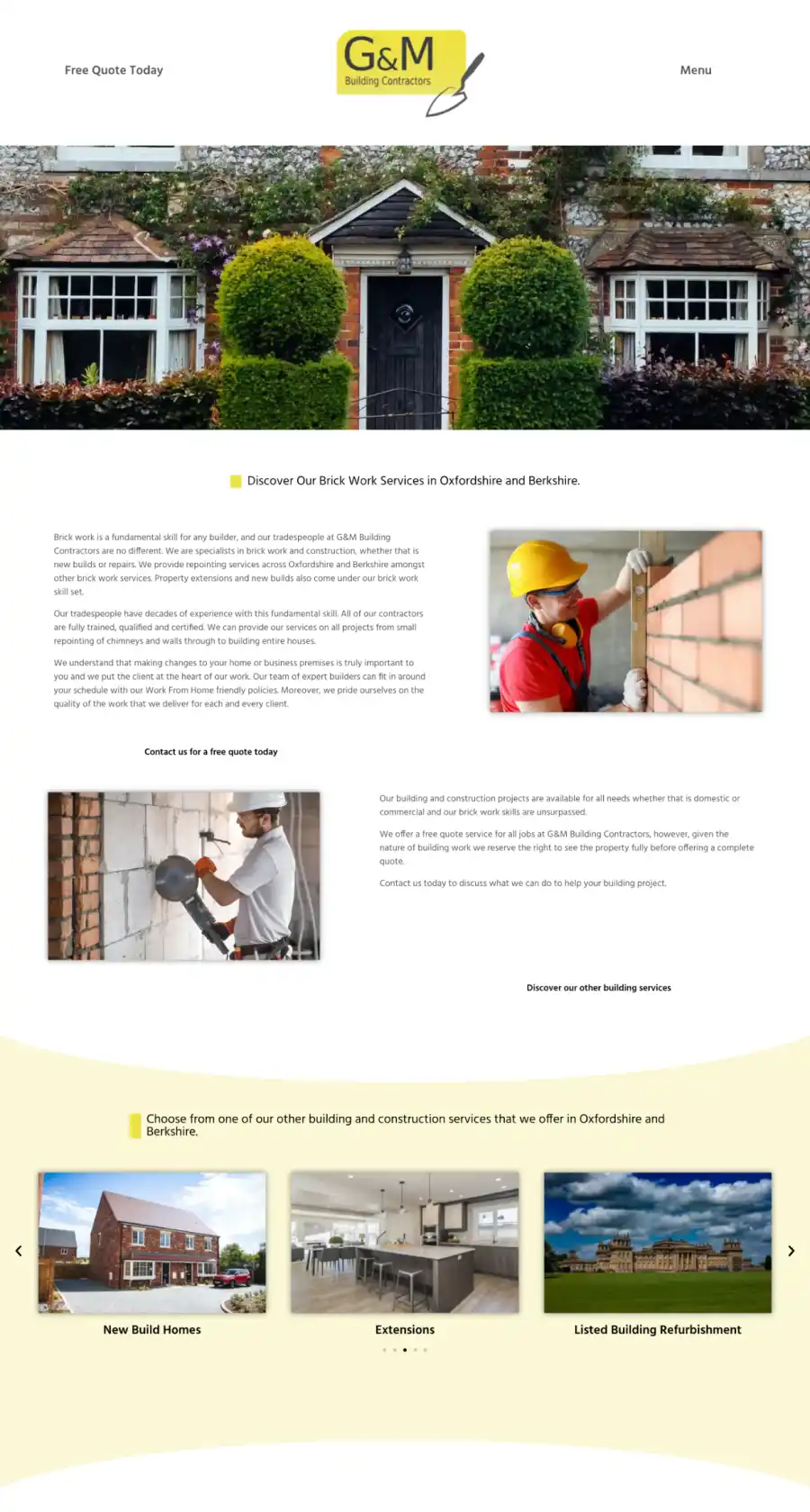 A web design page for the building services offered by G&M Building Contractors. This shows bricklaying services and has links to their other services at the bottom.