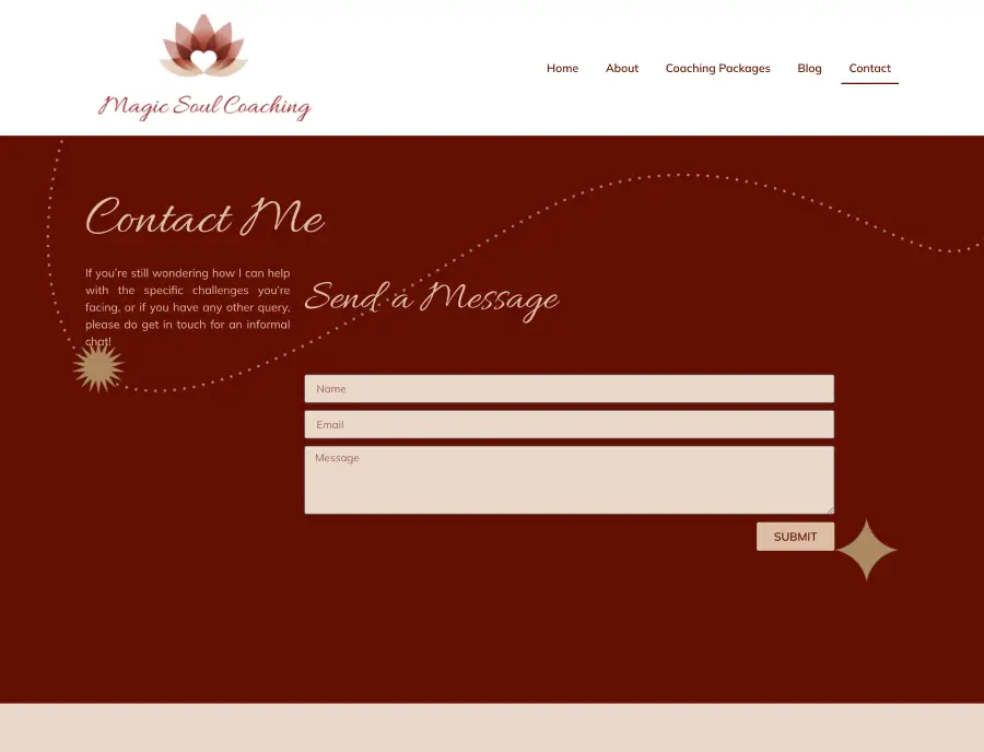 A contact form on the website that shows the gold and red design that runs through the site design.