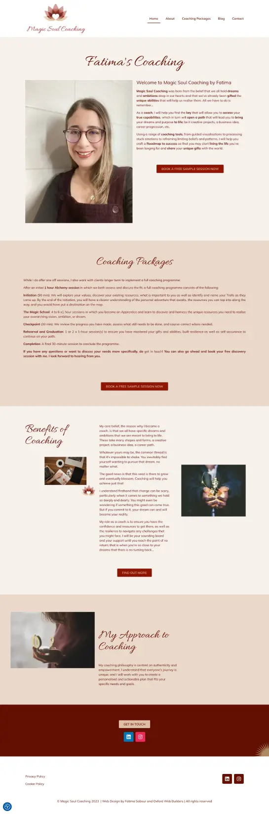 The homepage for the website for Magic Soul Coaching. The tones are neutral browns and deep red, with some gold thrown in.