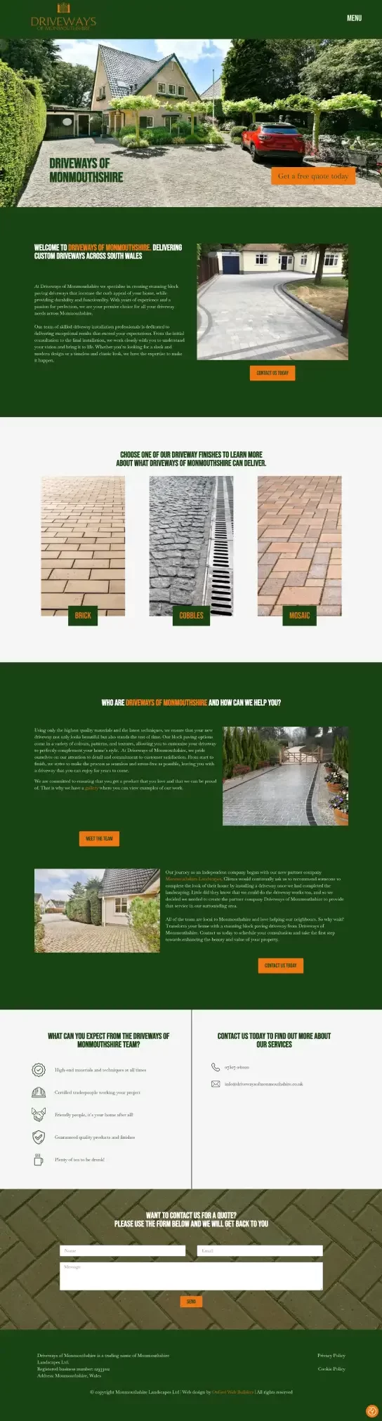 The full homepage website design of the Driveways of Monmouthshire site. It shows the green and gold nature of the web design as requested by the client and a relaxed layout.