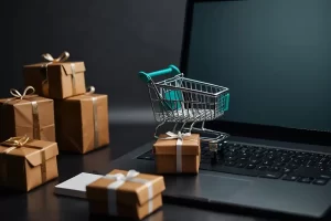 An image of a trolley moving over a keyboard to show the e-commerce nature of this website design blog post.