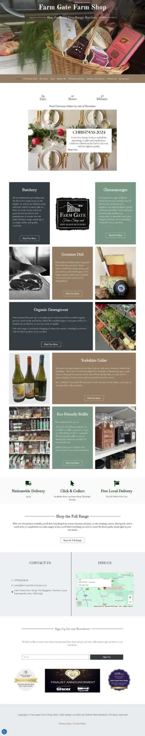 The homepage for the website design for Farm Gate Farm Shop. It show cases all of their web elements like the e-commerce store and dynamic pages on a classy background.