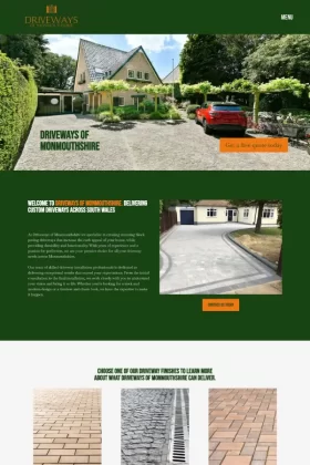 The homepage for the website design of Driveways of Monmouthshire. It shows a clean driveways design with advertisements of their services.