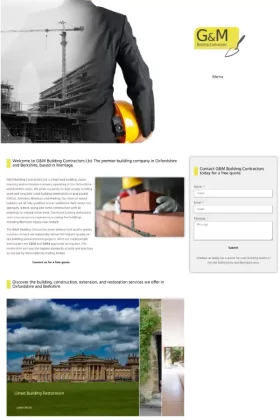 The landing page for the web design for G&M Building Contractors. This shows a building site manager, a brick layer and a fancy building.