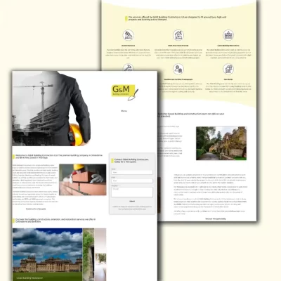 A design of the G&M Building Contractors website. This has a yellow theme surrounded by the building elements that show off their handiwork.