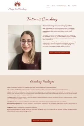 A cropped version of the website design of the homepage for Magic Soul Coaching. The design uses a relaxed palette to convey calm tones.