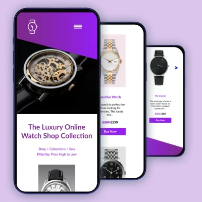 A square with three mobile phone screens showing separate sections of a watch selling website. This shows that each of our designs are responsive.
