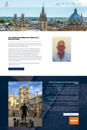 A small screenshot of the web design for Tours of Oxford. It shows the homepage of the site in Oxford blue with architectural beauties in the images.