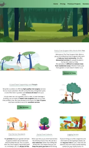 The homepage for a tree surgery website. This was done by the team at Oxford Web Builders. This has a cartoon feeling with lots of greens and animated images.