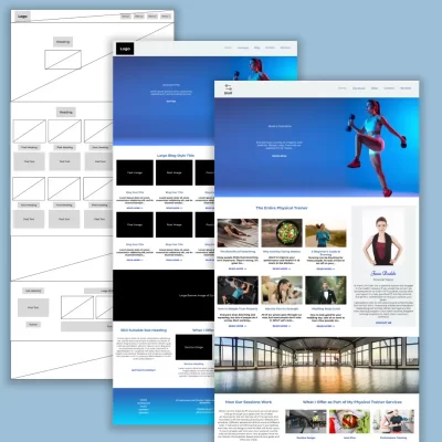 A blue rectangle with a wireframe web design next to a more filled in design followed by the final completed design. This shows the process of designing a website.
