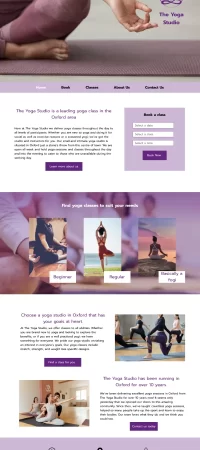 The web design by Oxford Web Builders for a yoga company. The website design is built around a purple theme and images of people doing yoga.